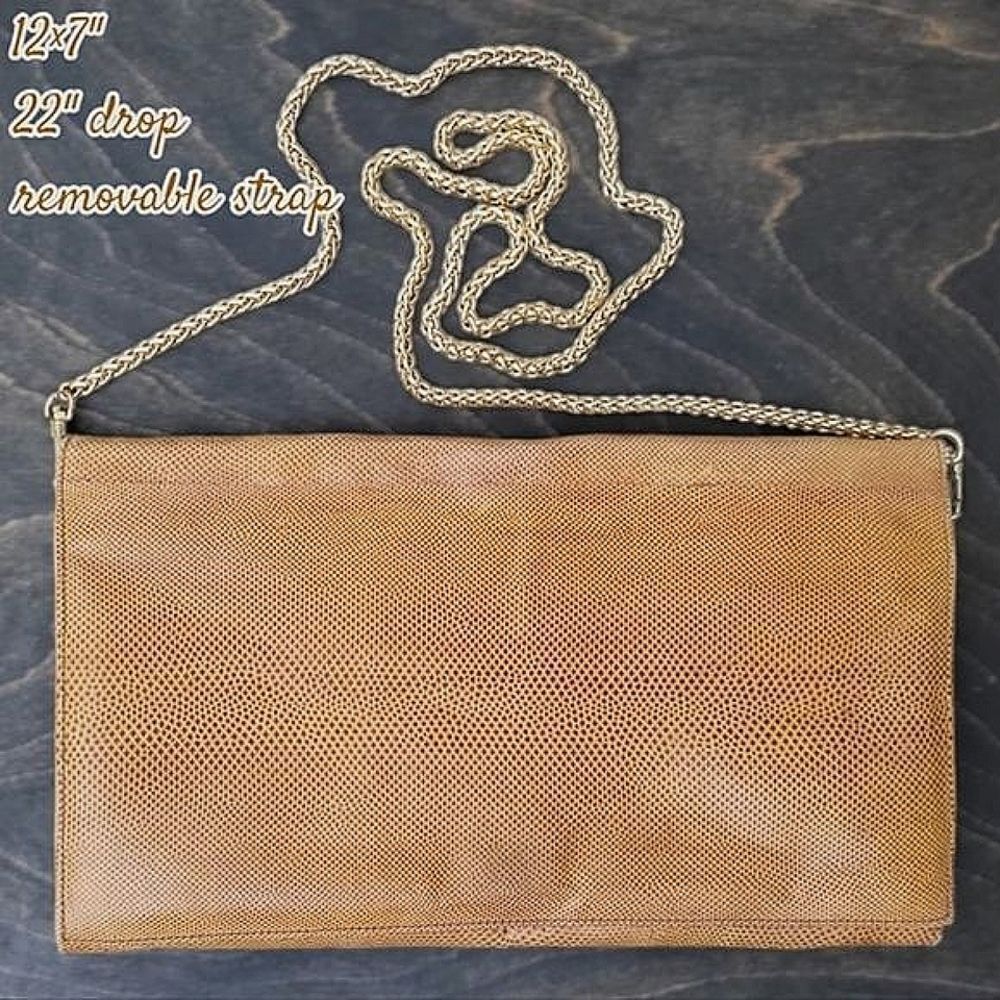 Vtg yellow tan reptile leather envelope crossbody purse